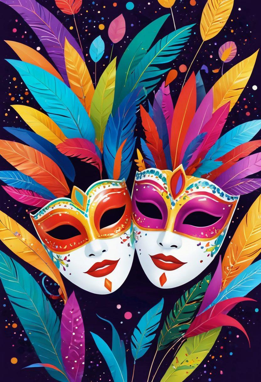 A playful and colorful illustration of a whimsical, exotic carnival scene featuring vibrant masks, confetti, and hidden seductive elements that hint at the theme of exploration and joy. The background should have twinkling lights and an inviting atmosphere embodying the concept of embracing freedom. The style should be lively and engaging, with an emphasis on celebration and adventure. cartoon style. vibrant colors. whimsical design.