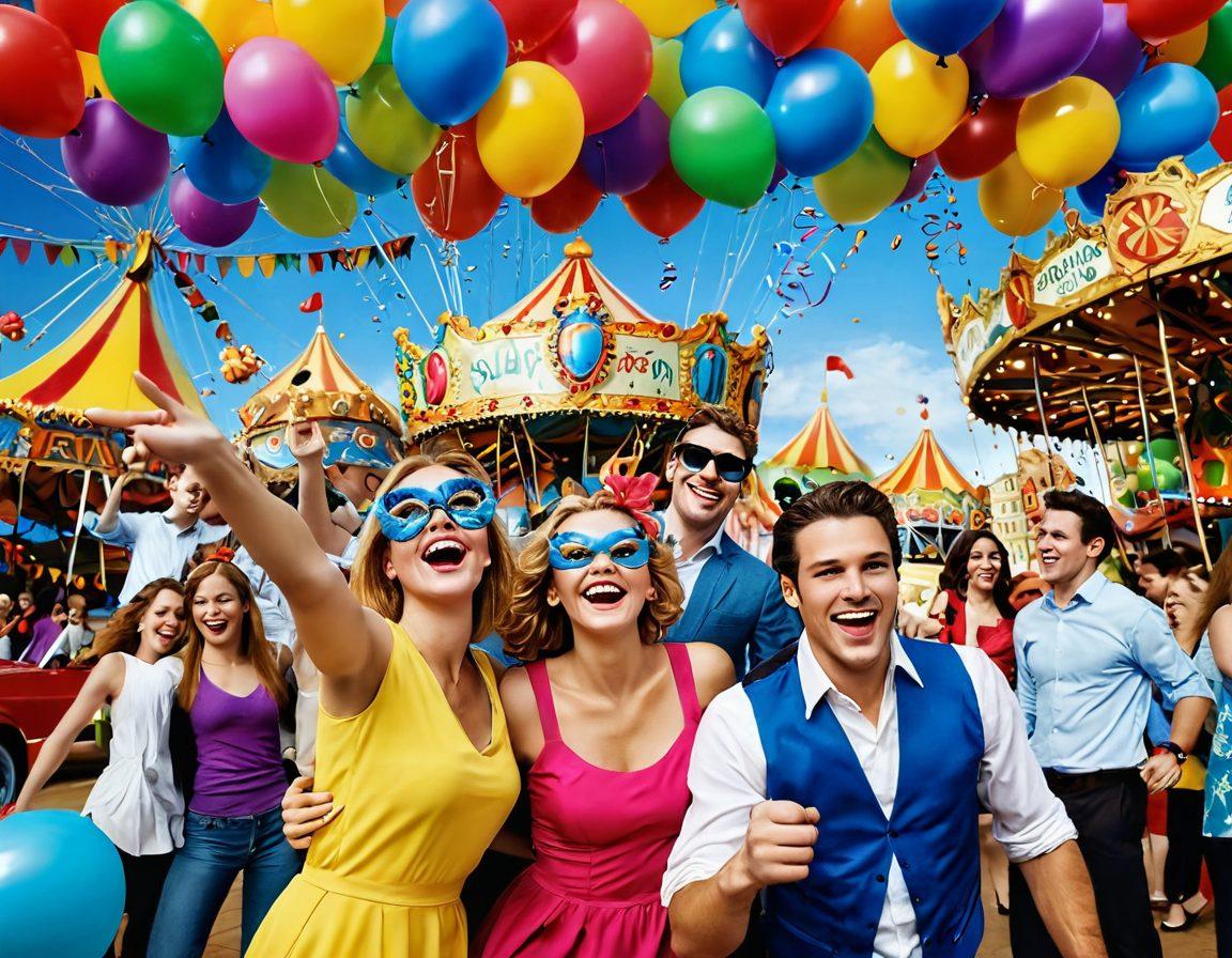 A vibrant and imaginative scene depicting adults joyfully engaging in playful entertainment activities, like adults at a carnival surrounded by colorful rides, laughter, and balloons. Incorporate elements of playfulness, such as masquerade masks and confetti, blending in a whimsical atmosphere. Use bright colors to evoke feelings of happiness and excitement. The backdrop should be lively, filled with a kaleidoscope of playful objects, emphasizing joy and fun. super-realistic. vibrant colors. 3D.